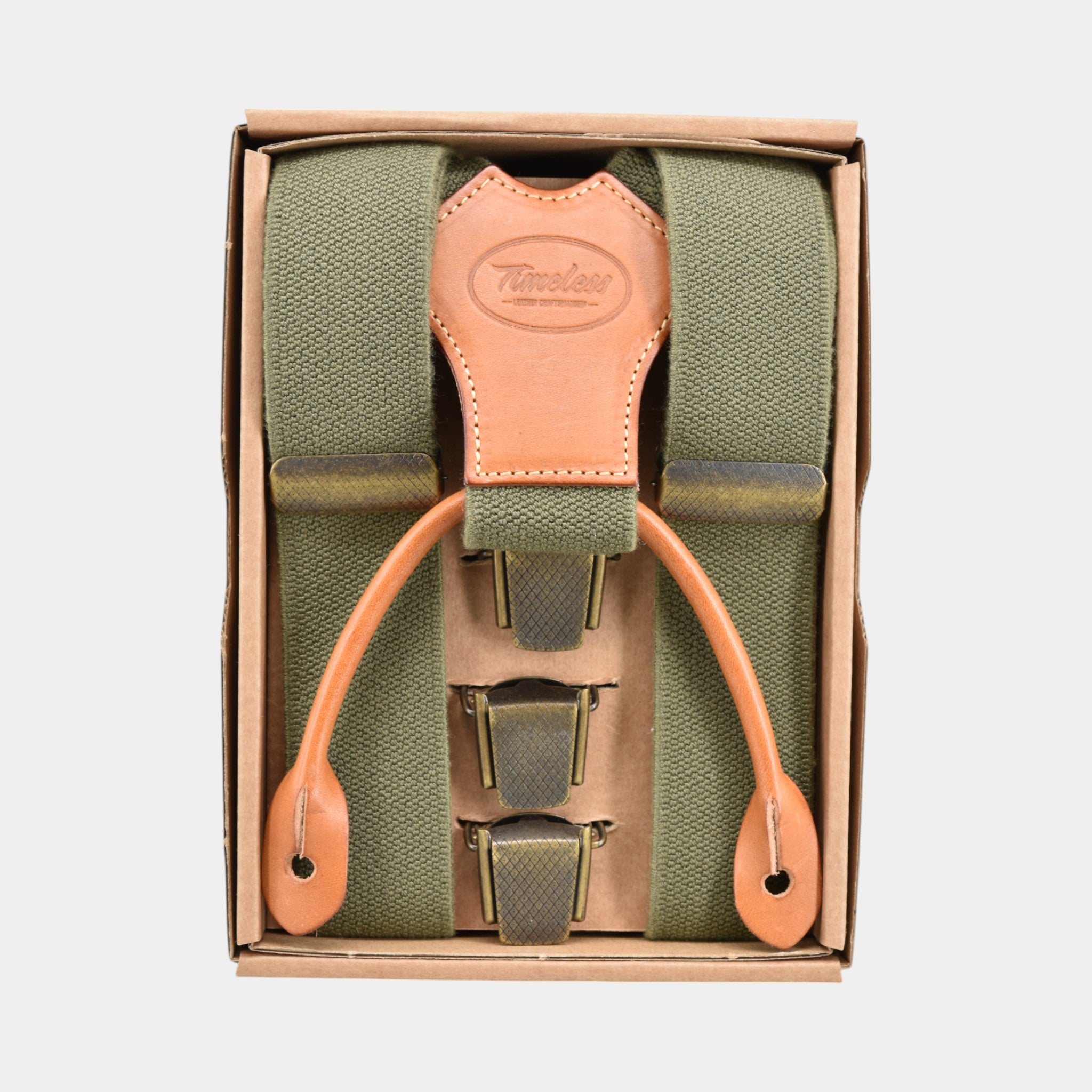 Vintage Hosenträger mit oliv grünem Band und natur leder laschen