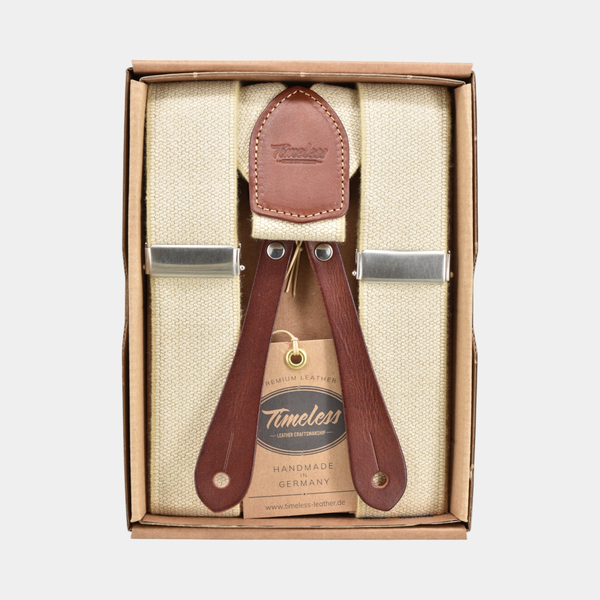 Vintage Hosenträger natur band mit braunen Lederlaschen zum knöpfen